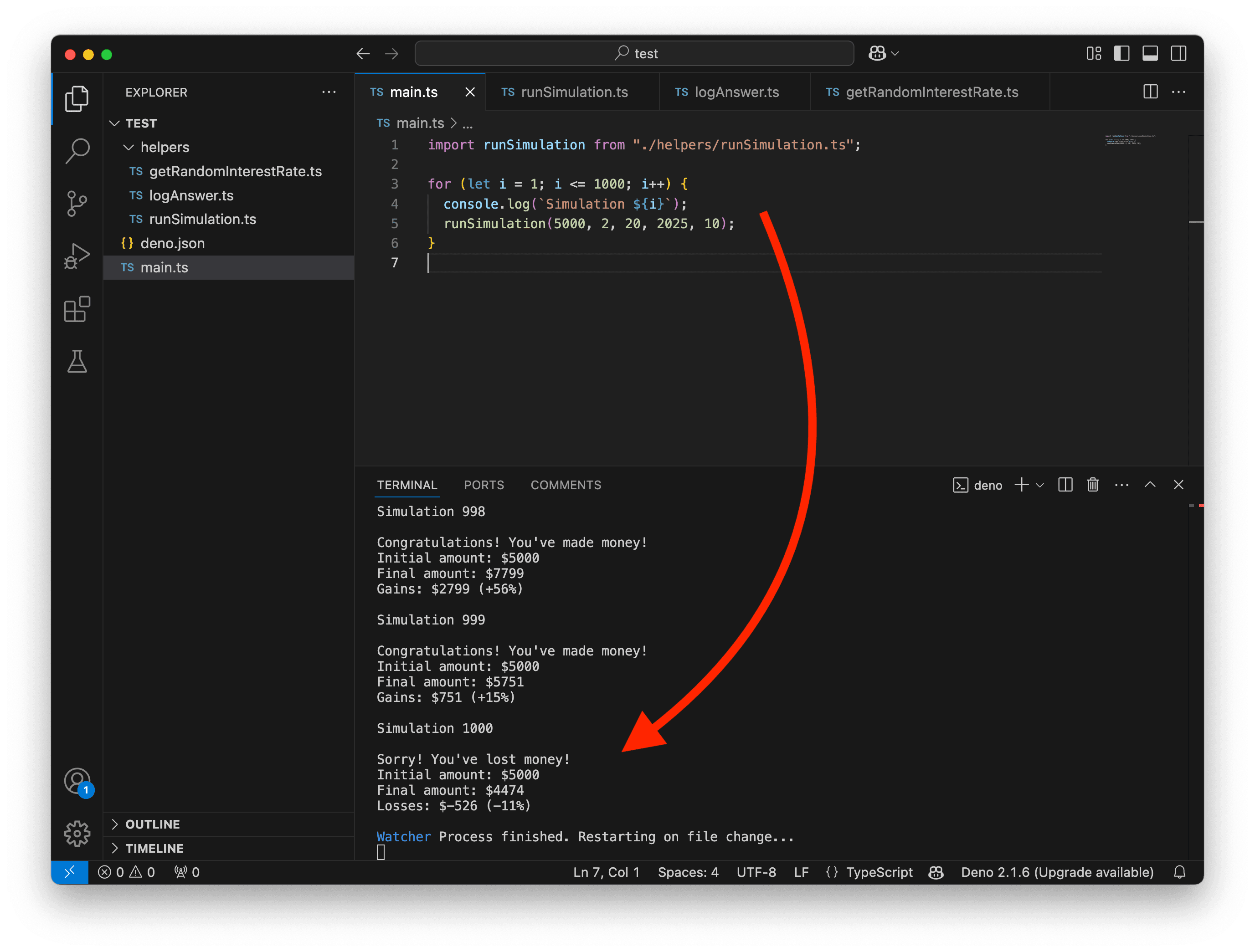 A screenshot showing VS Code displaying a thousand simulations.