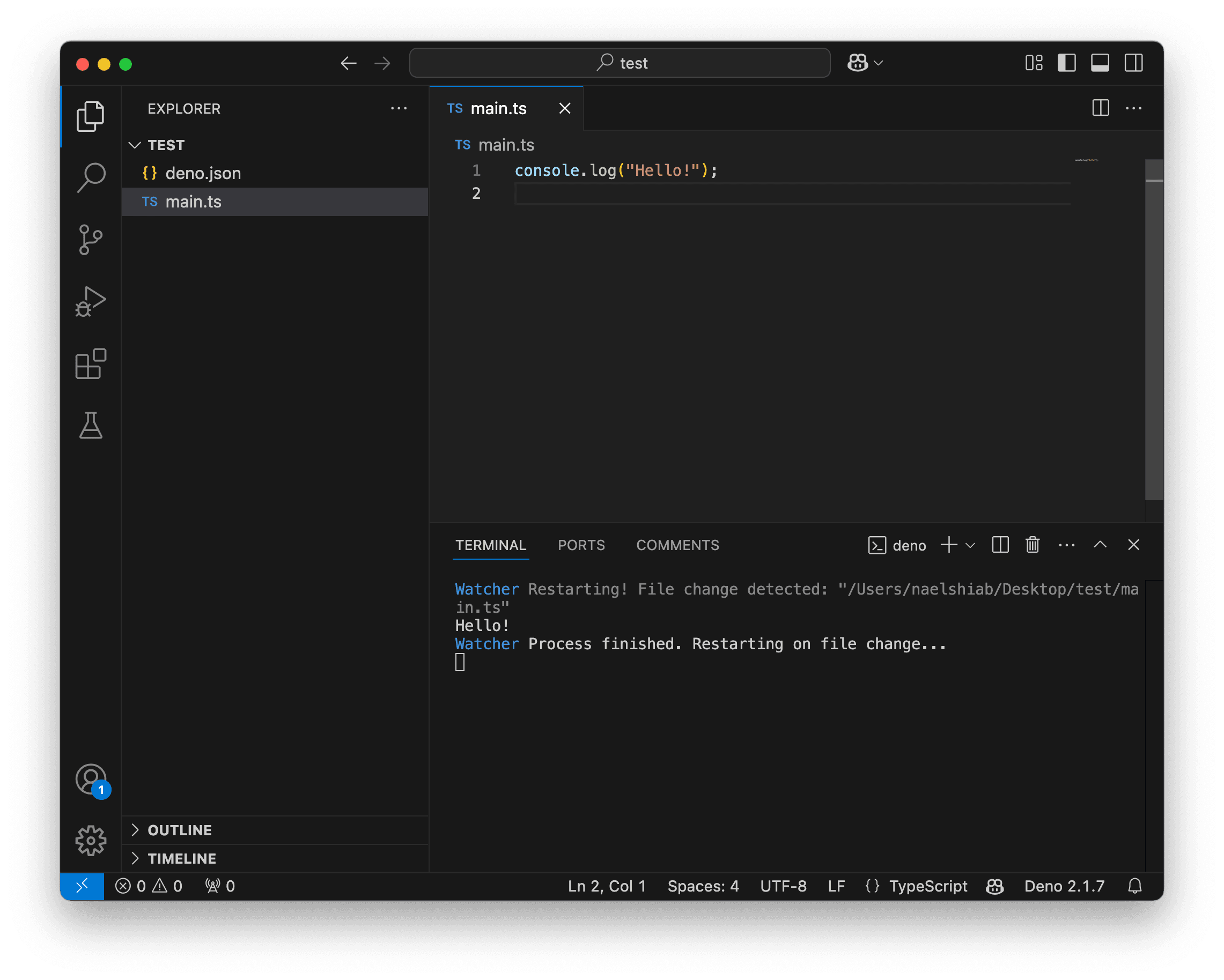 A screenshot showing VS Code running and watching a TypeScript file.