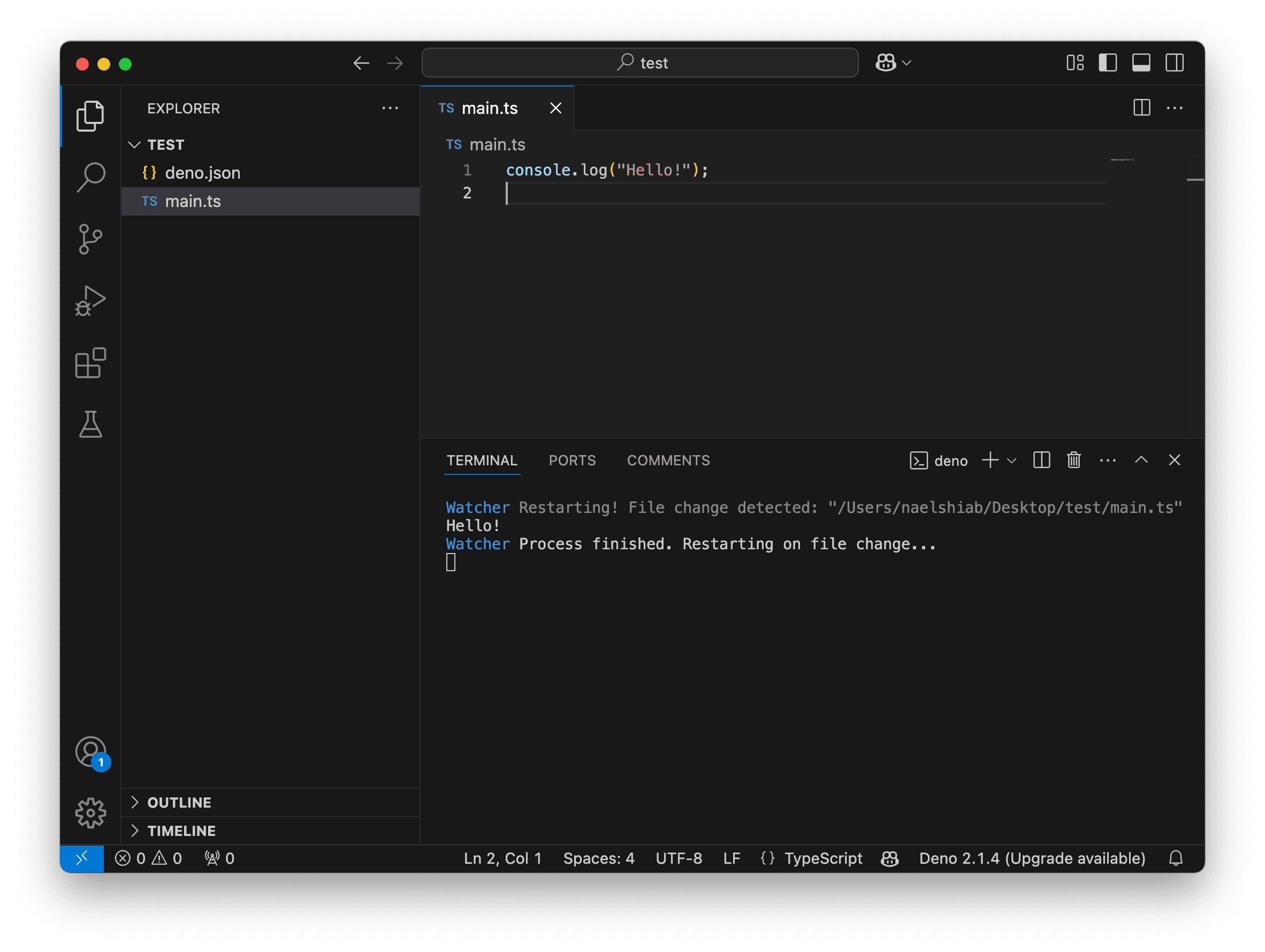 A screenshot showing VS Code running and watching a TypeScript file.