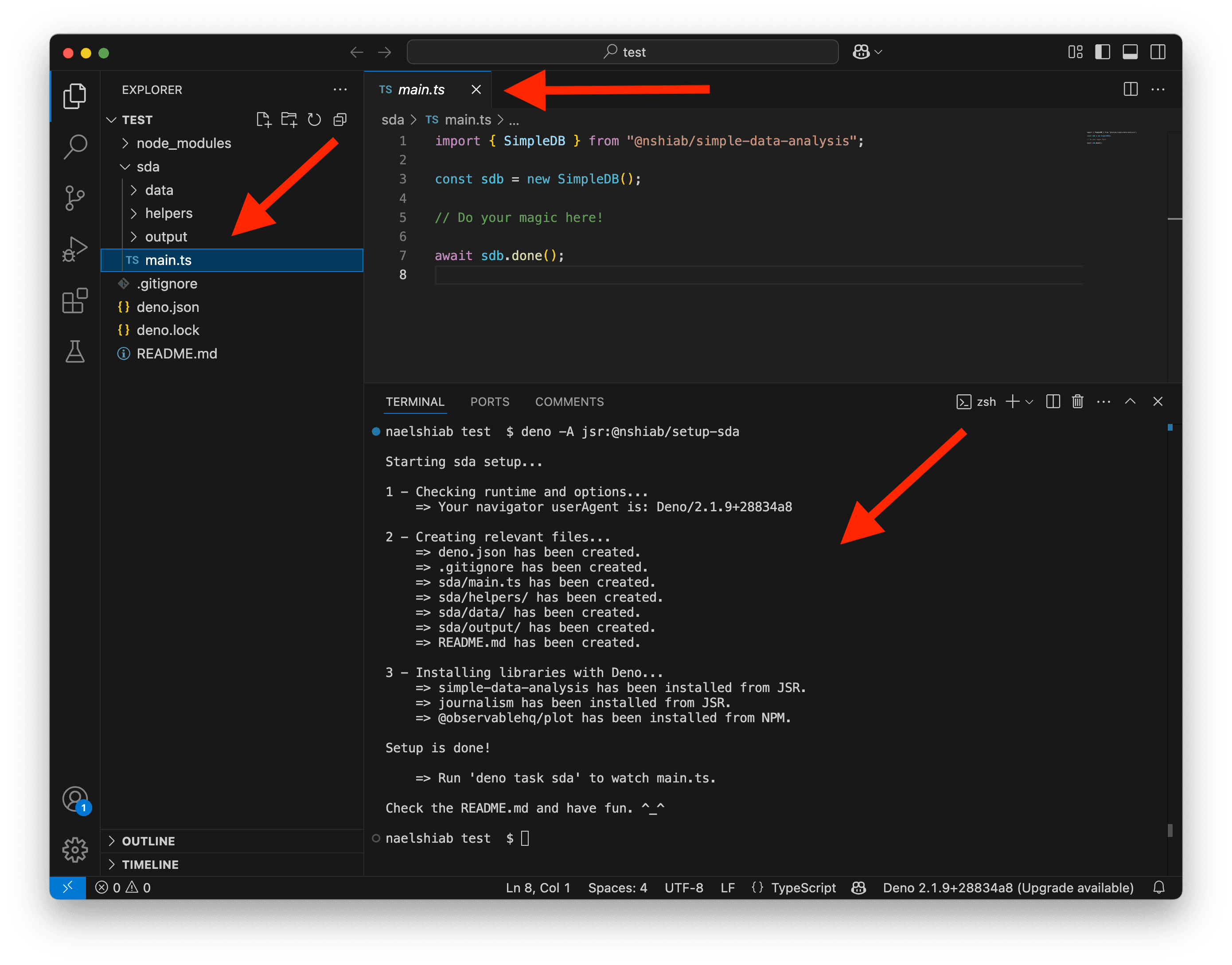 A screenshot showing VS Code after running setup-sda.