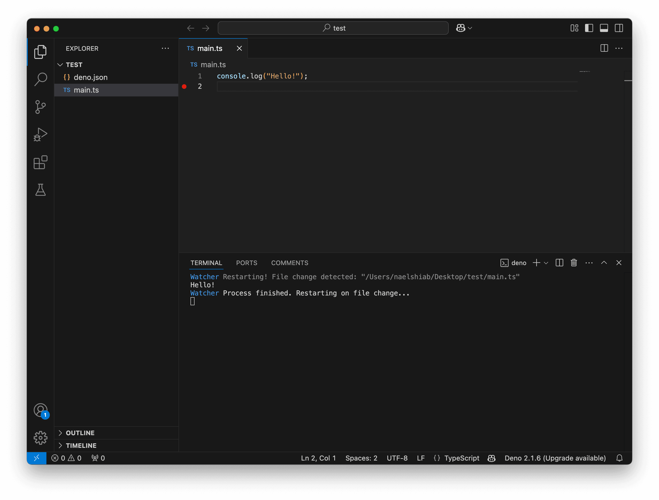 A screenshot showing VS Code running and watching a TypeScript file.