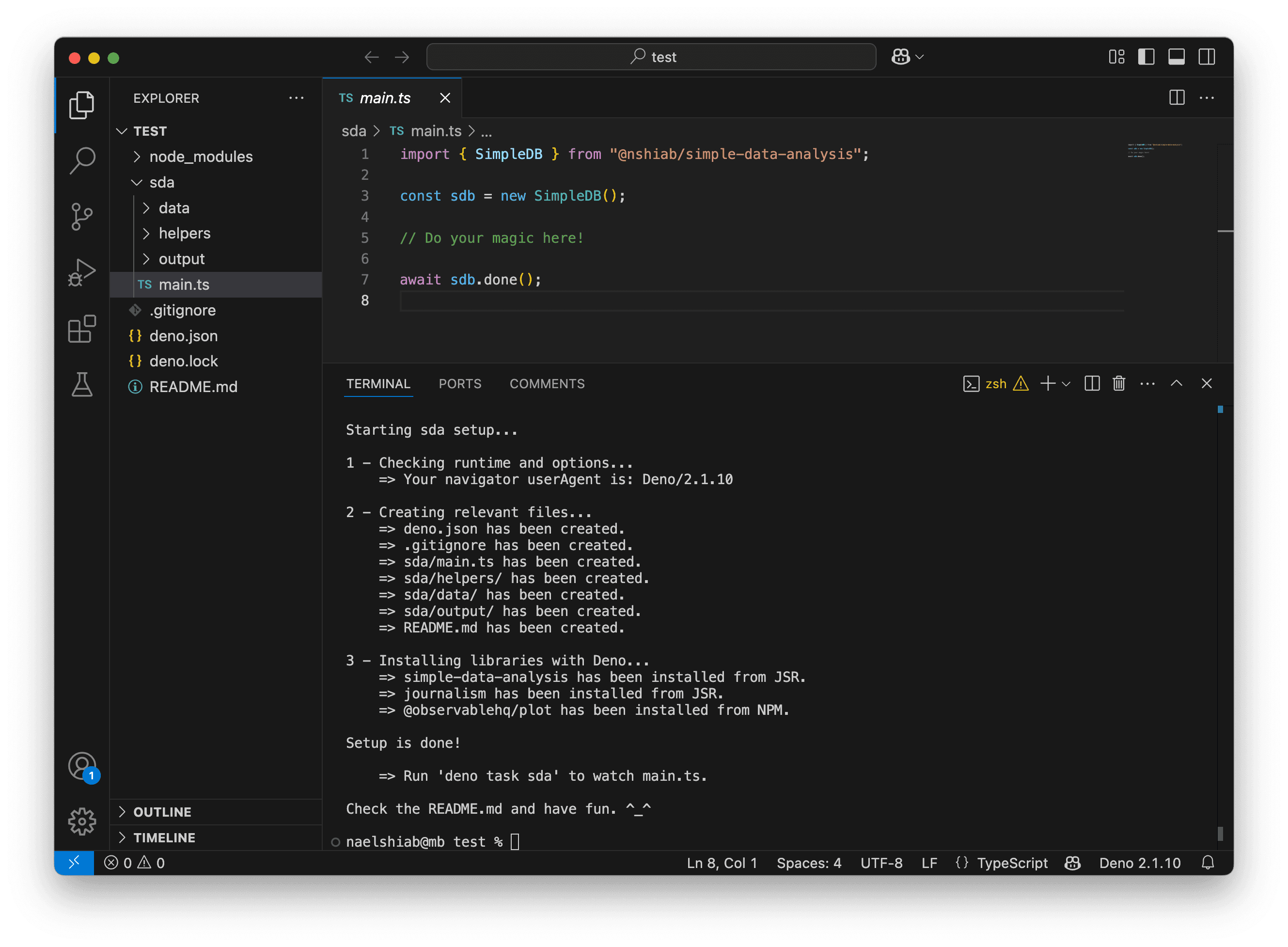 A screenshot showing VS Code after running setup-sda.