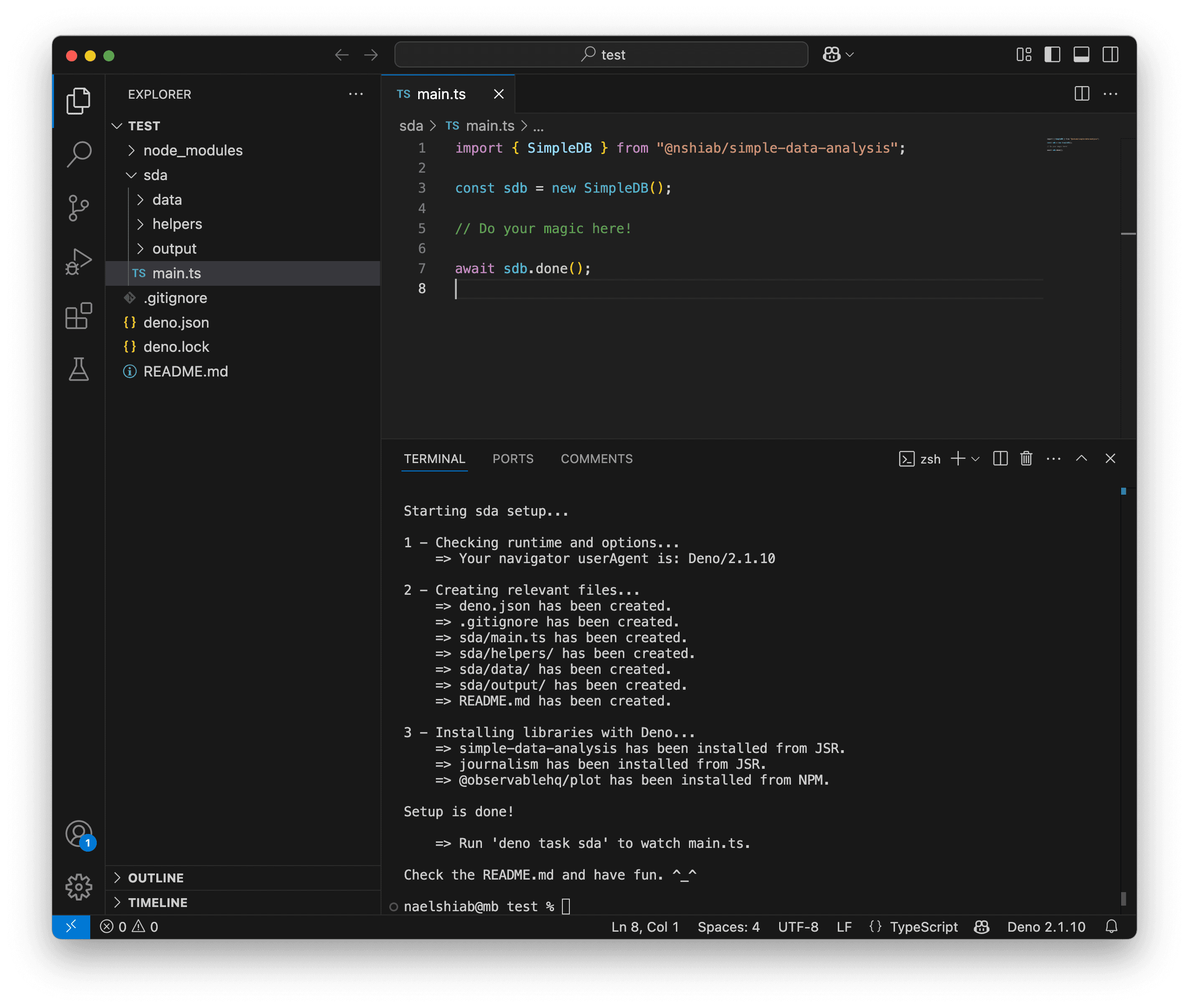 A screenshot showing VS Code after running setup-sda.