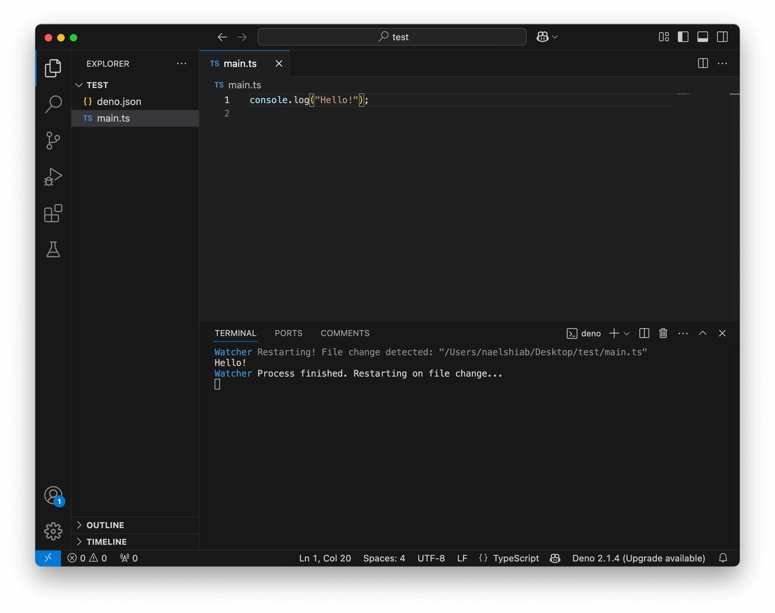 A screenshot showing VS Code running and watching a TypeScript file.