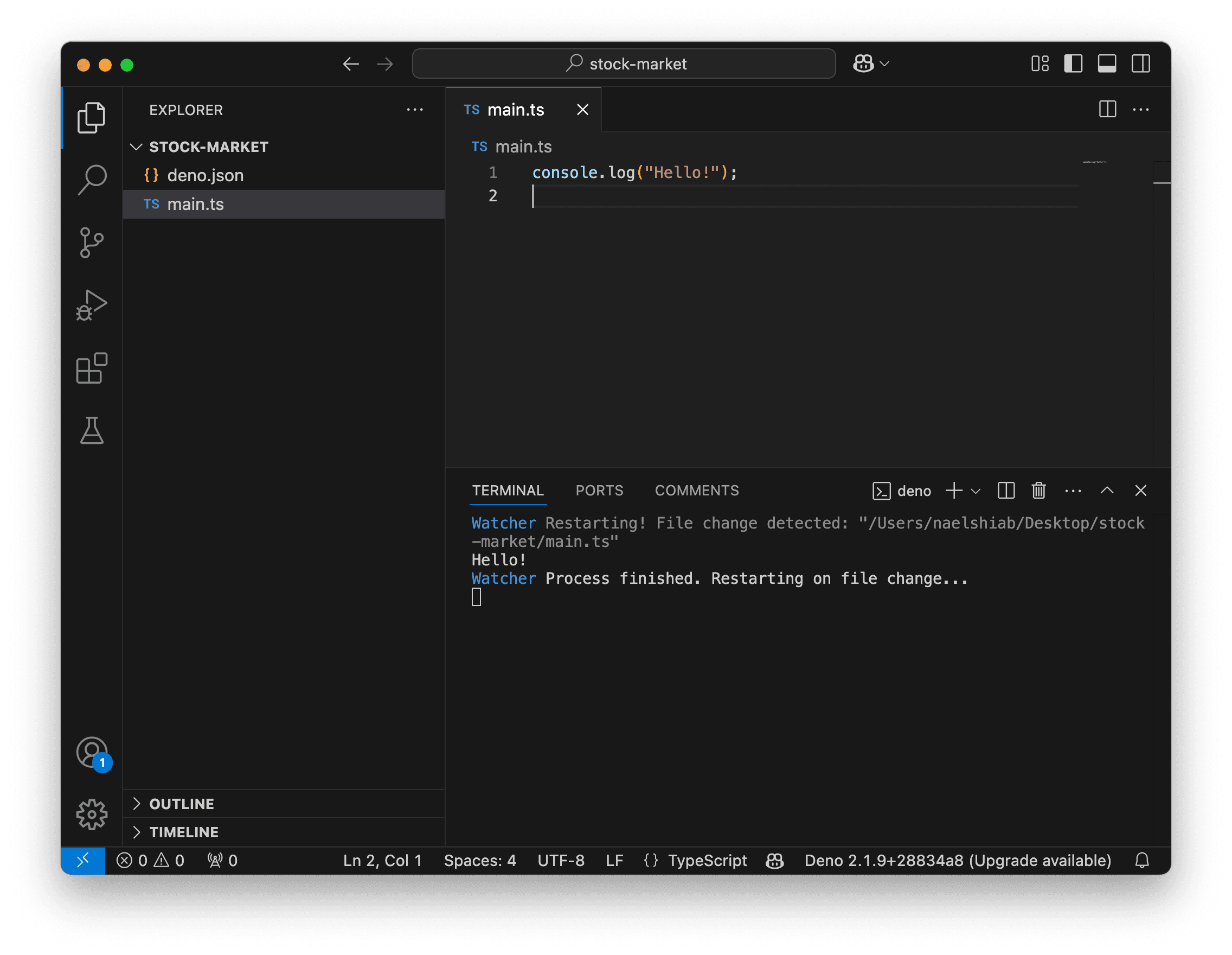 A VS Code screenshot showing a script logging "Hello!" to the terminal.