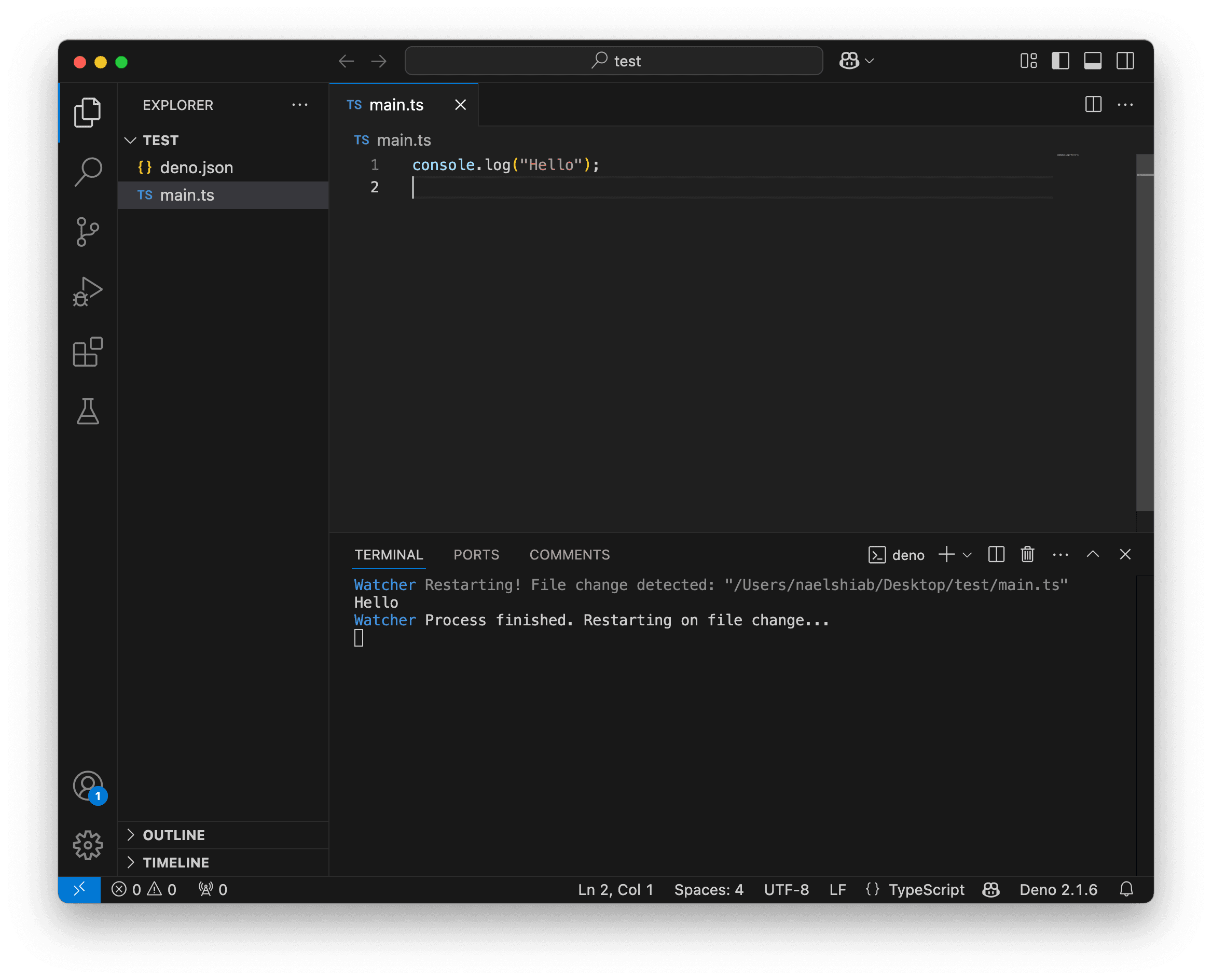 A screenshot showing VS Code running and watching a TypeScript file.