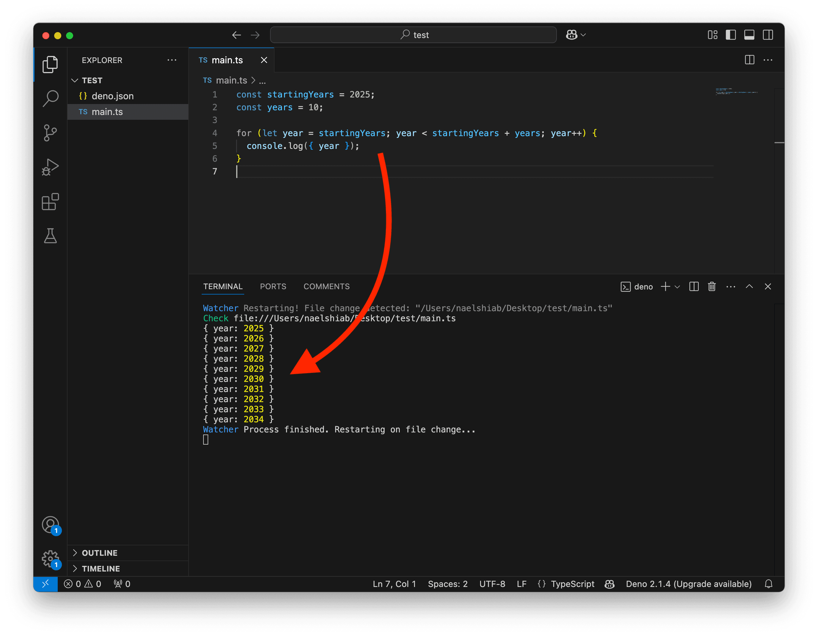 A screenshot showing VS Code running a TypeScript file with a loop to log years.