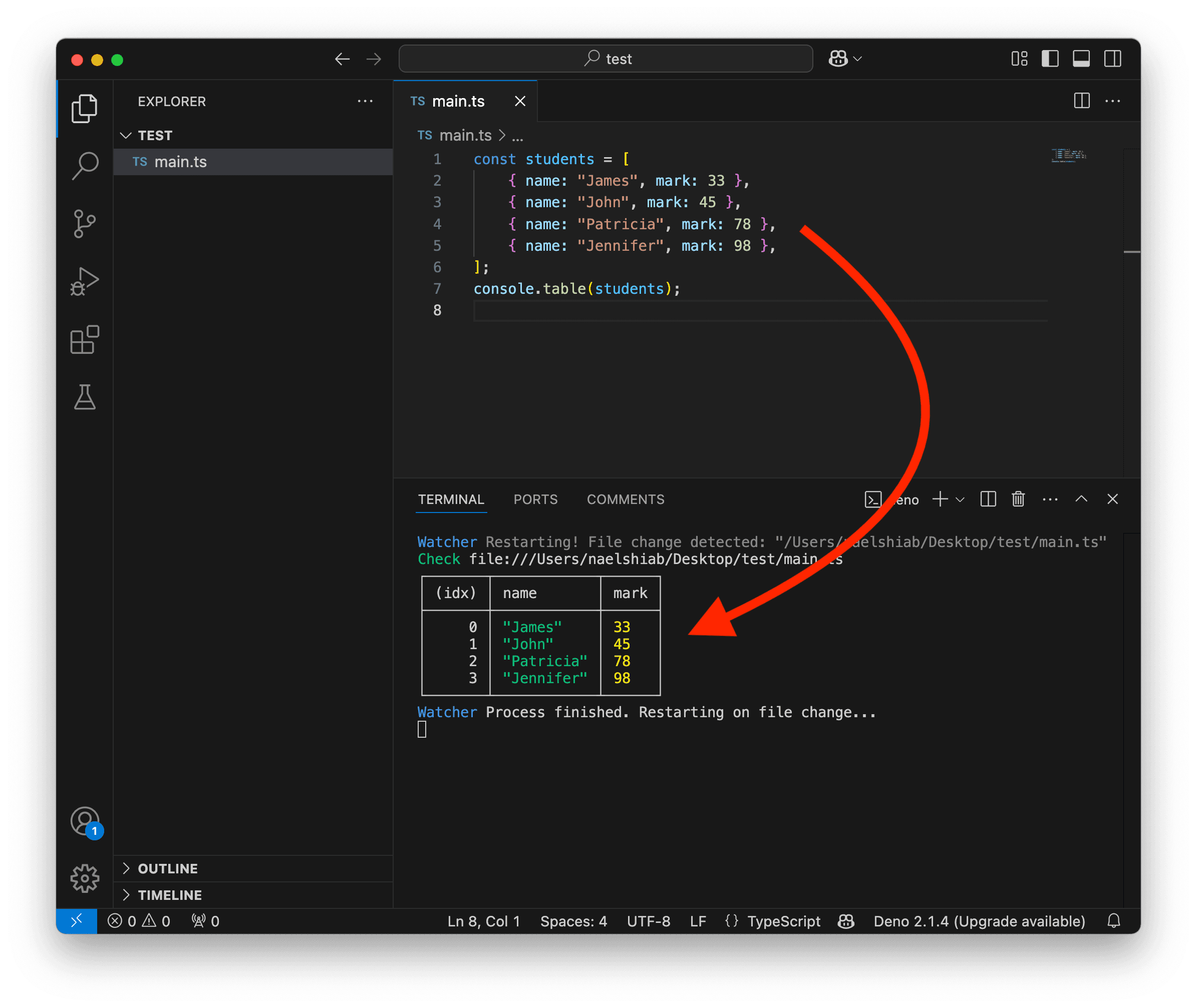 A screenshot showing VS Code logging an array of objects as a table in the terminal.