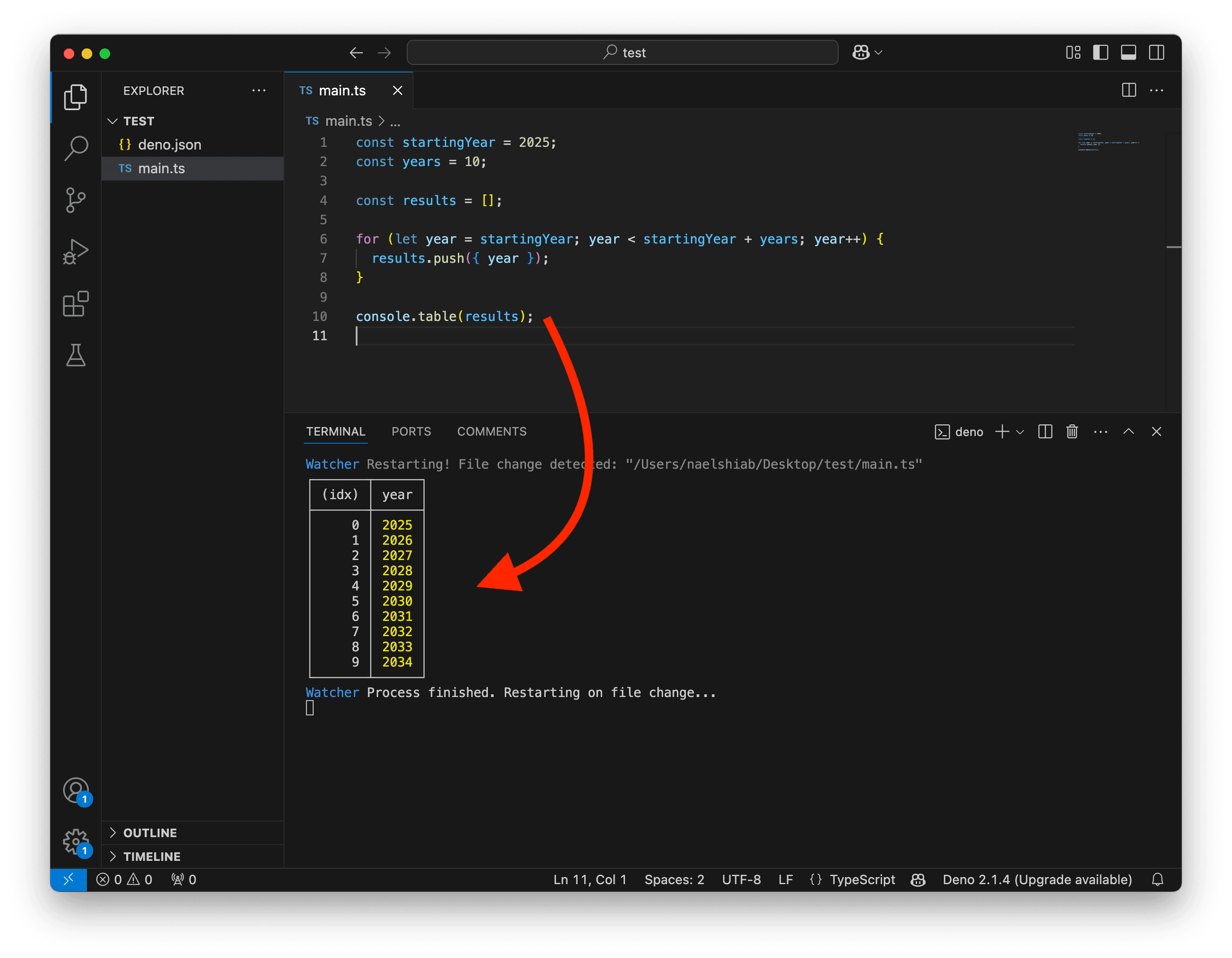 A screenshot showing VS Code logging a table in the terminal.