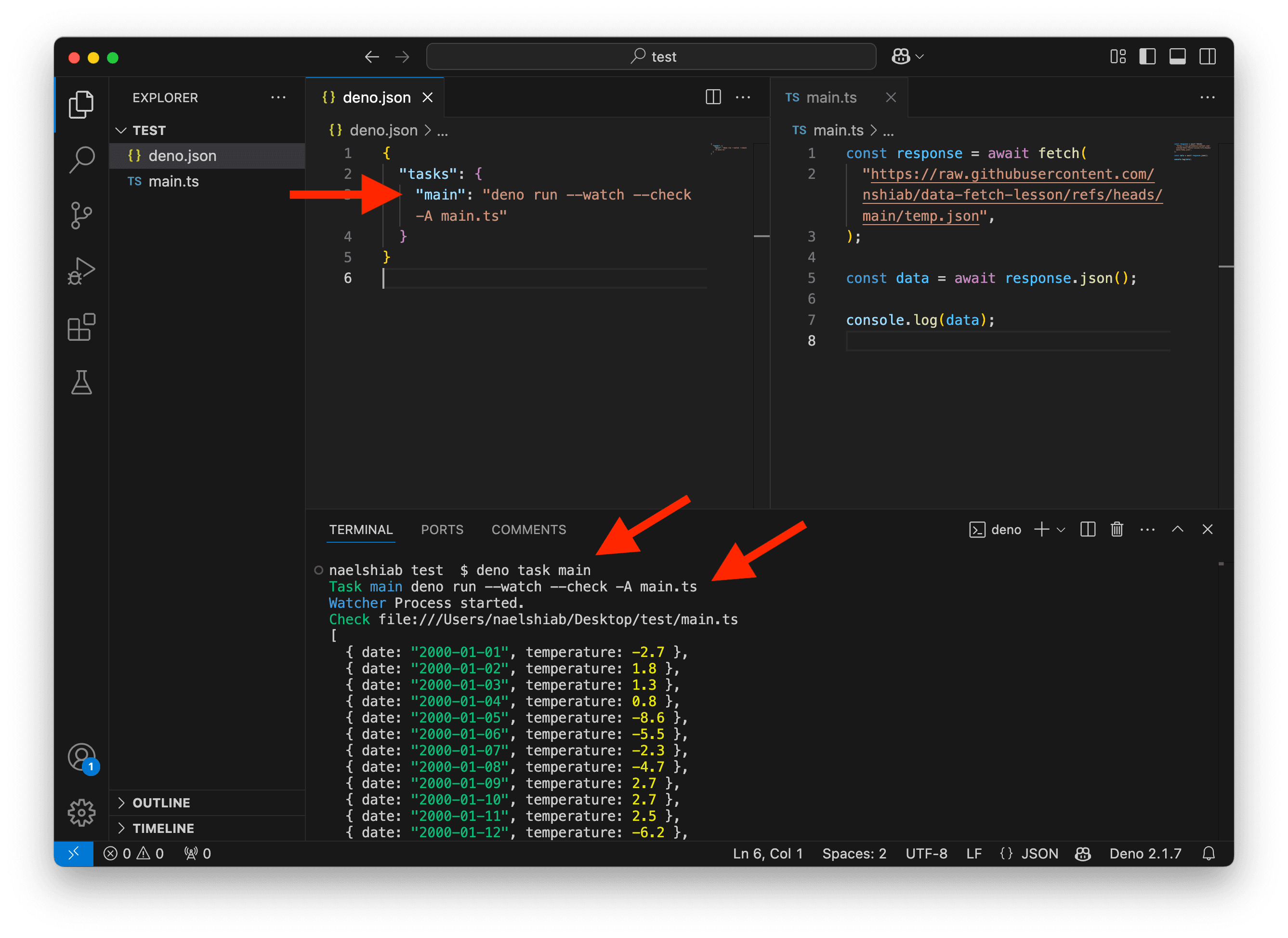 A screenshot showing VS Code running a Deno task.