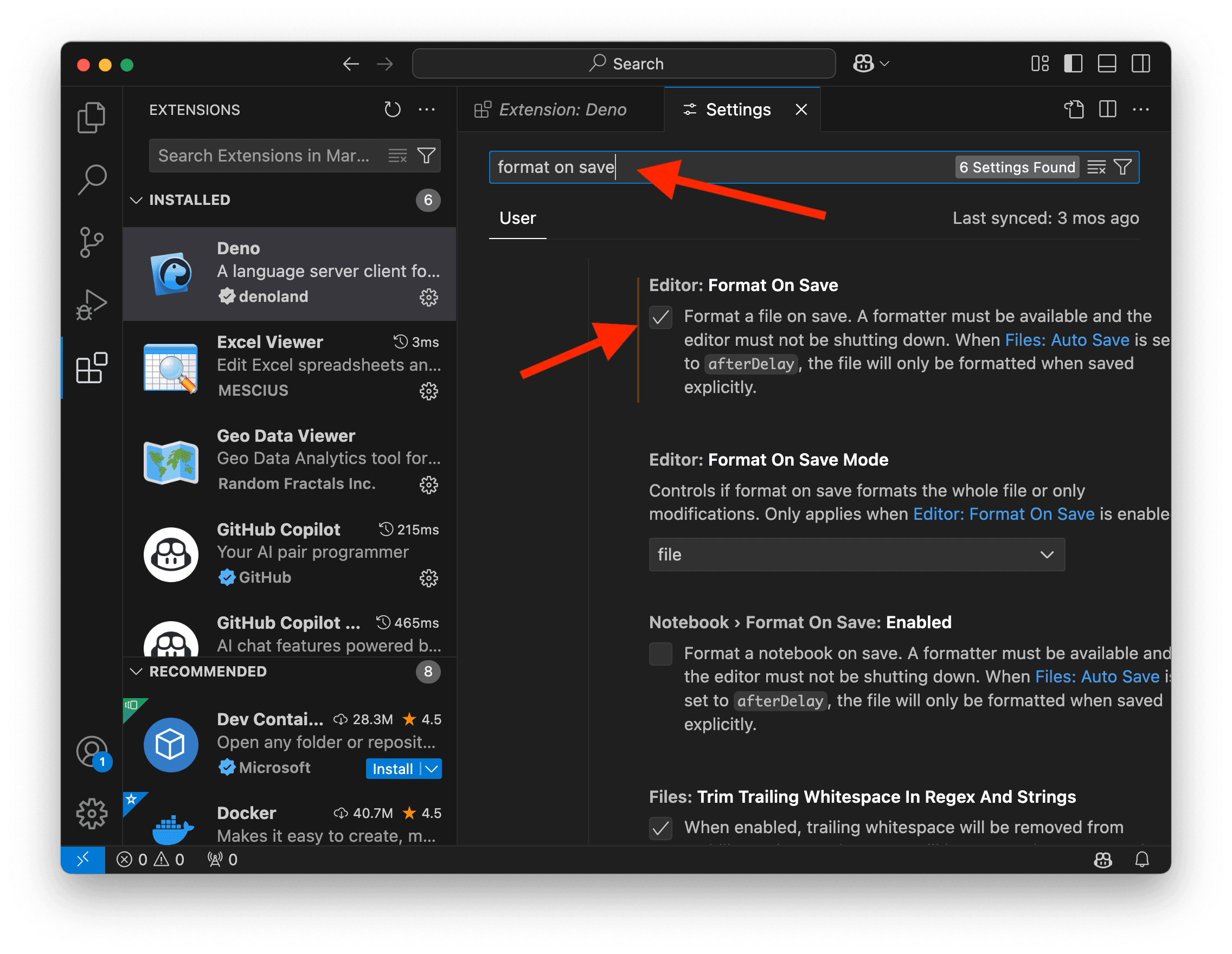 Capture d'écran montrant les paramètres du formatage à la sauvegarde de VS Code.