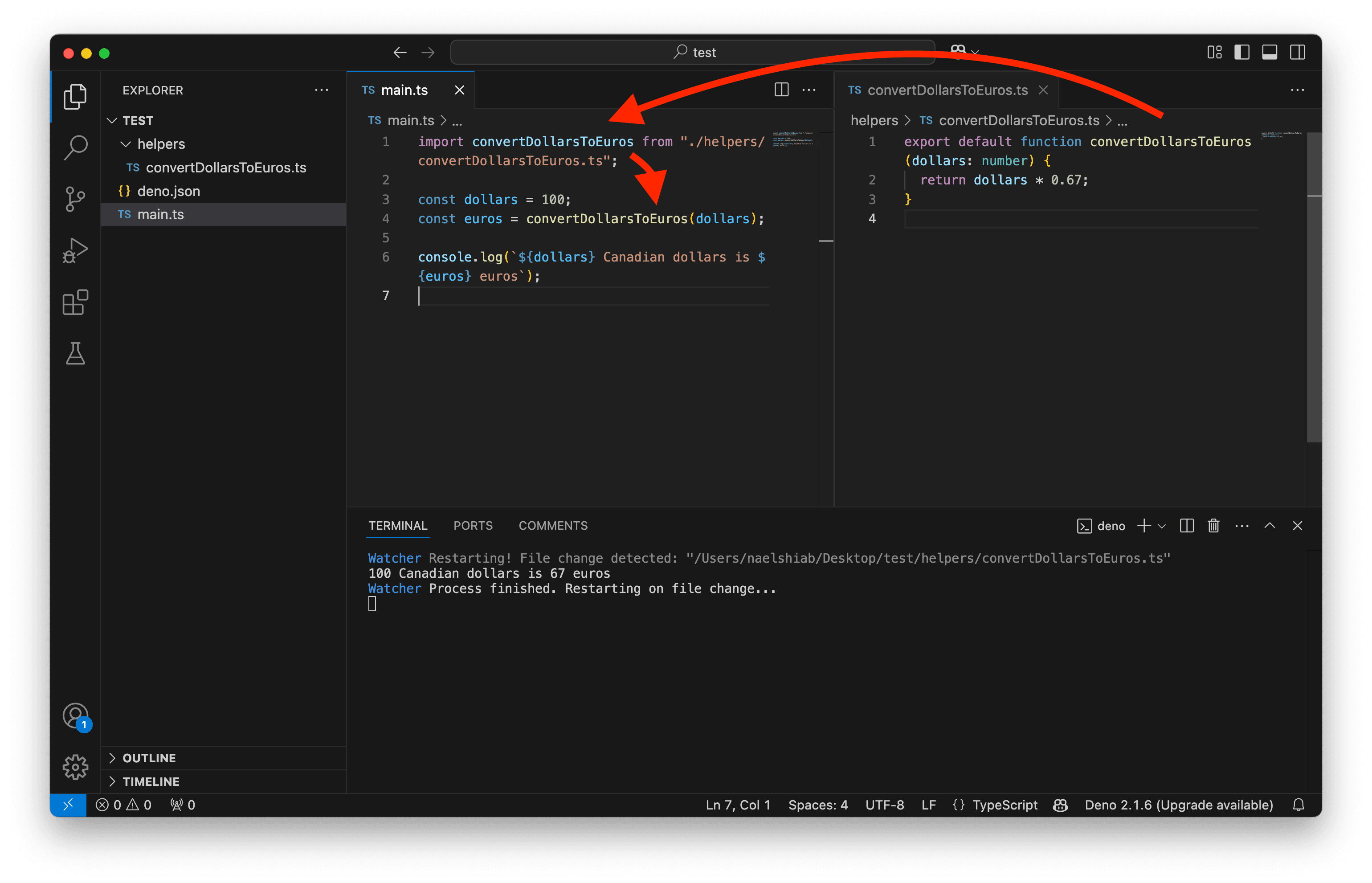 A screenshot showing VS Code importing and using a TypeScript function.