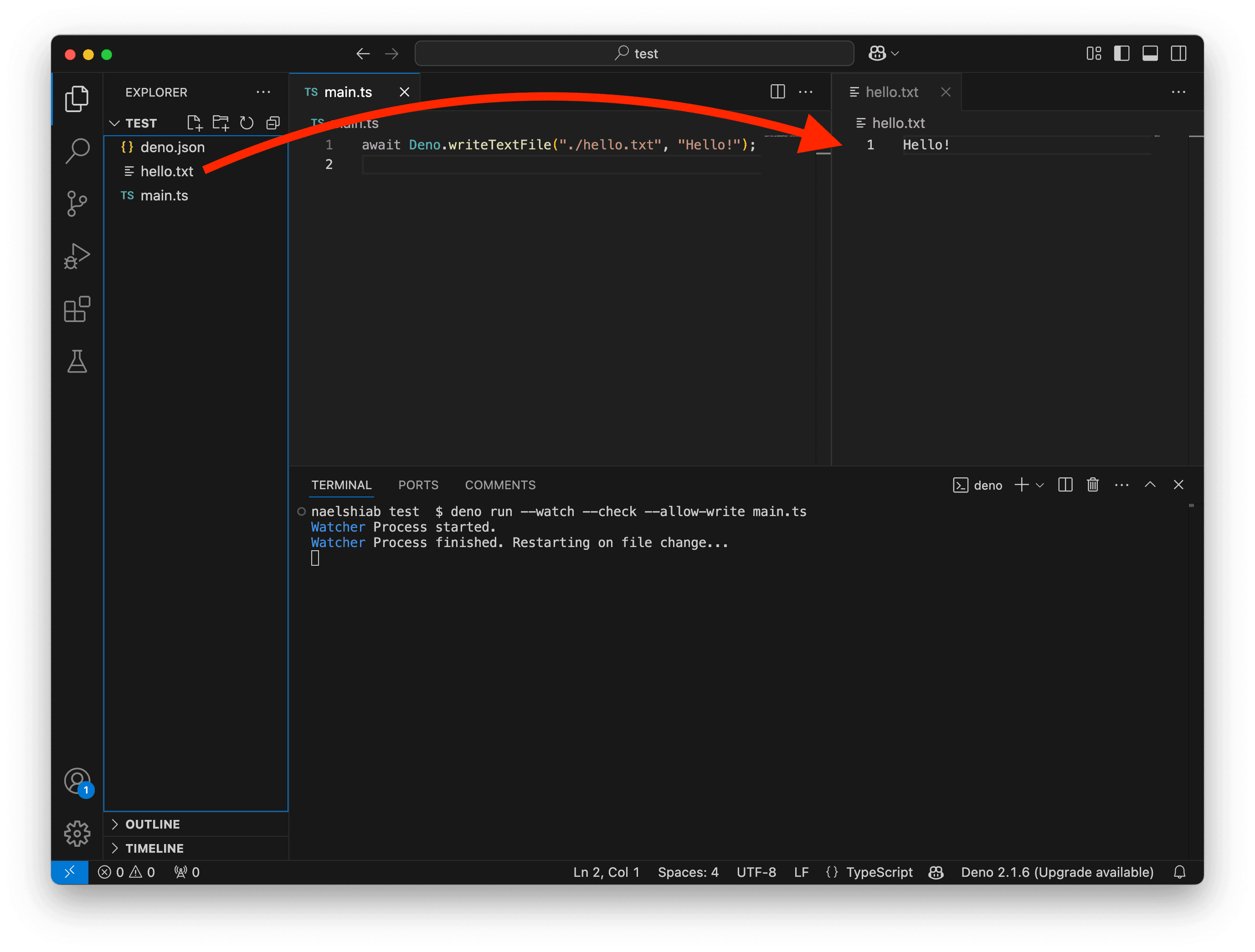 A screenshot showing VS Code writing a text file with Deno.