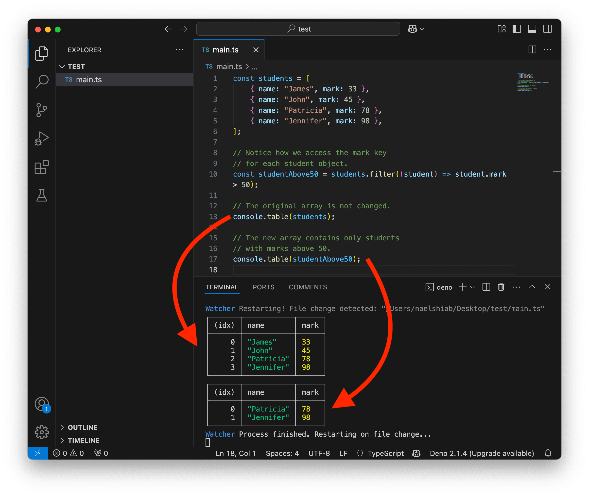 A screenshot showing VS Code filtering an array of objects.