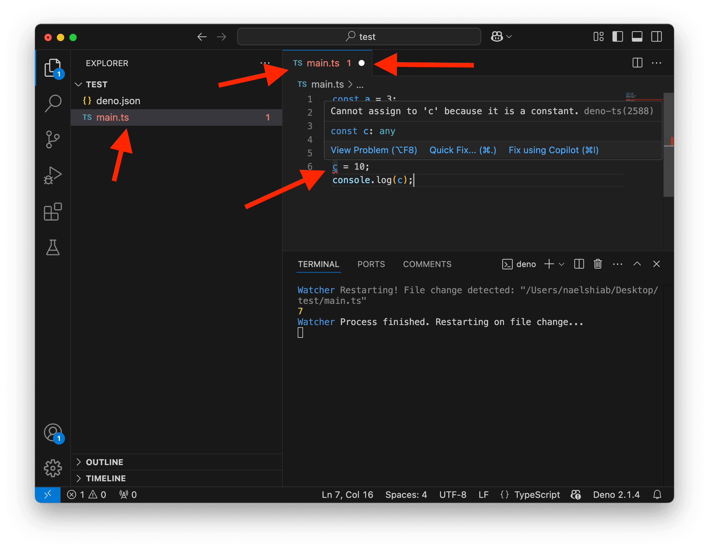 A screenshot showing VS Code showing an error.