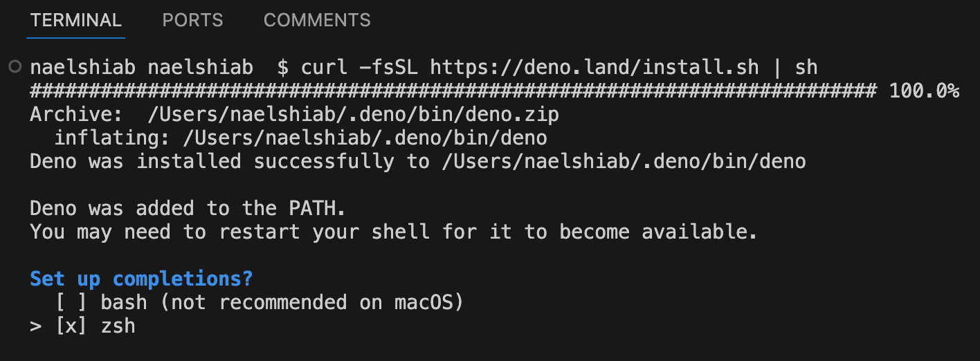 A screenshot showing how to set up completions when installing Deno.