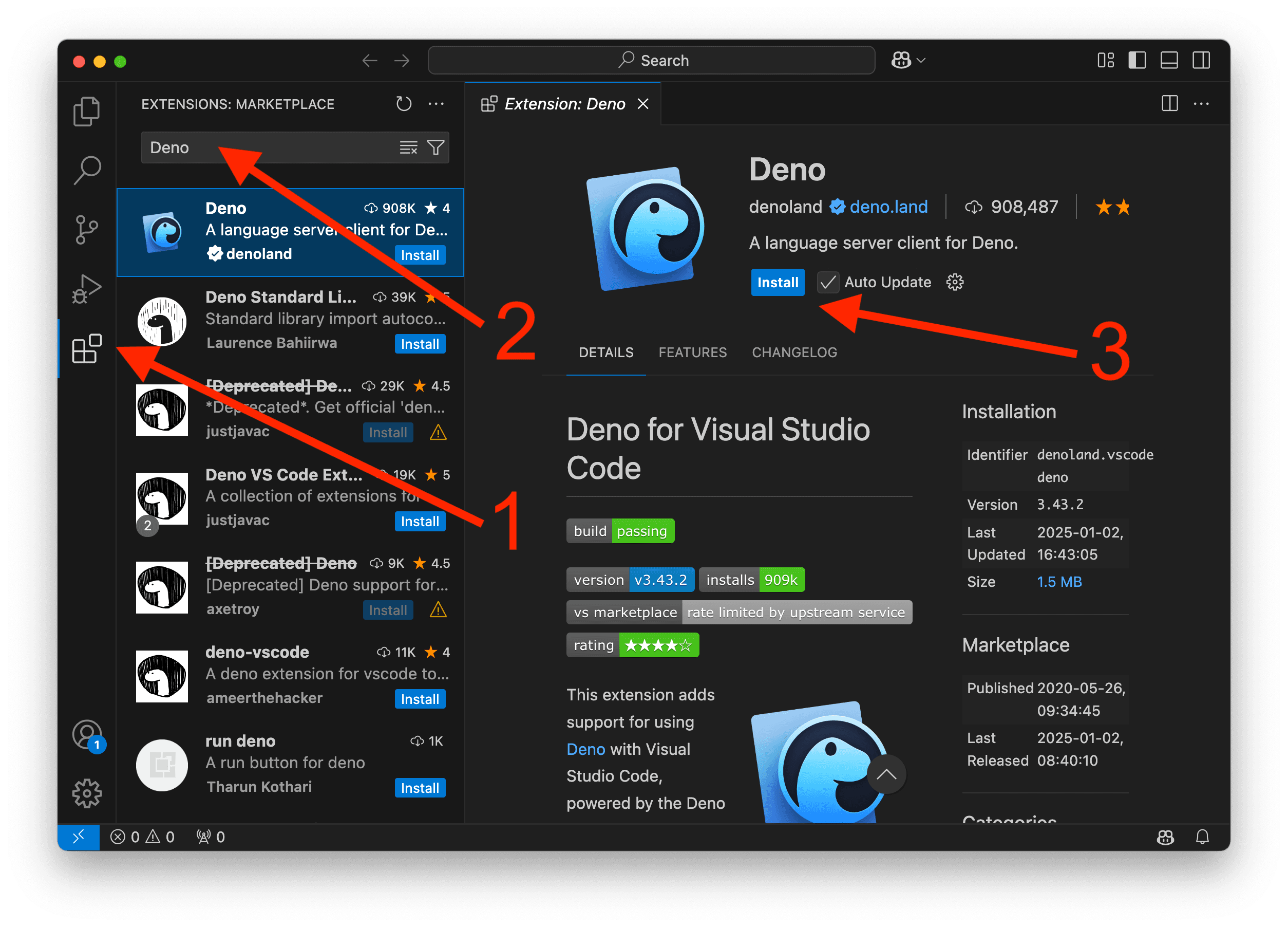 A screenshot showing how to install Deno extension.