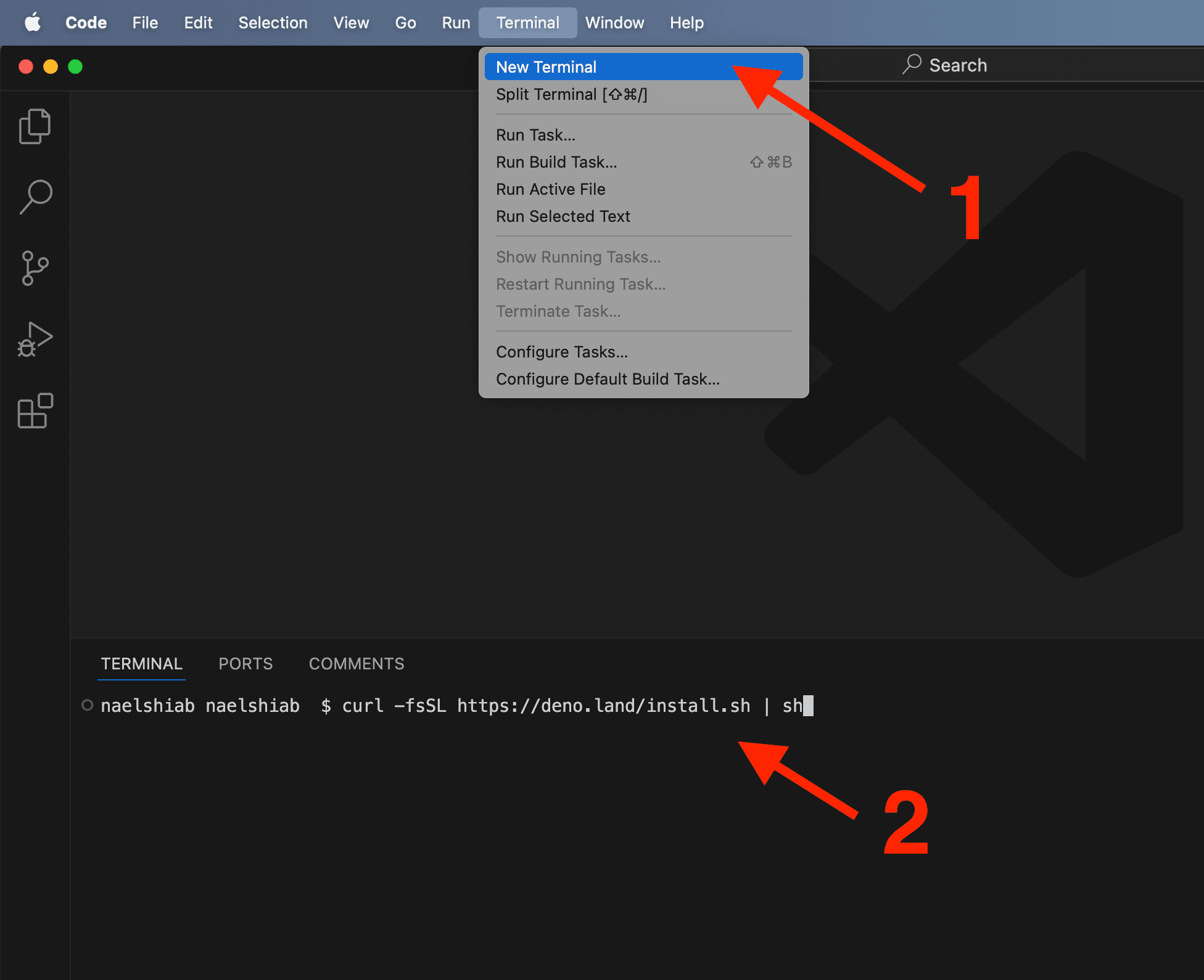 A screenshot showing how to install Deno from VS Code terminal.