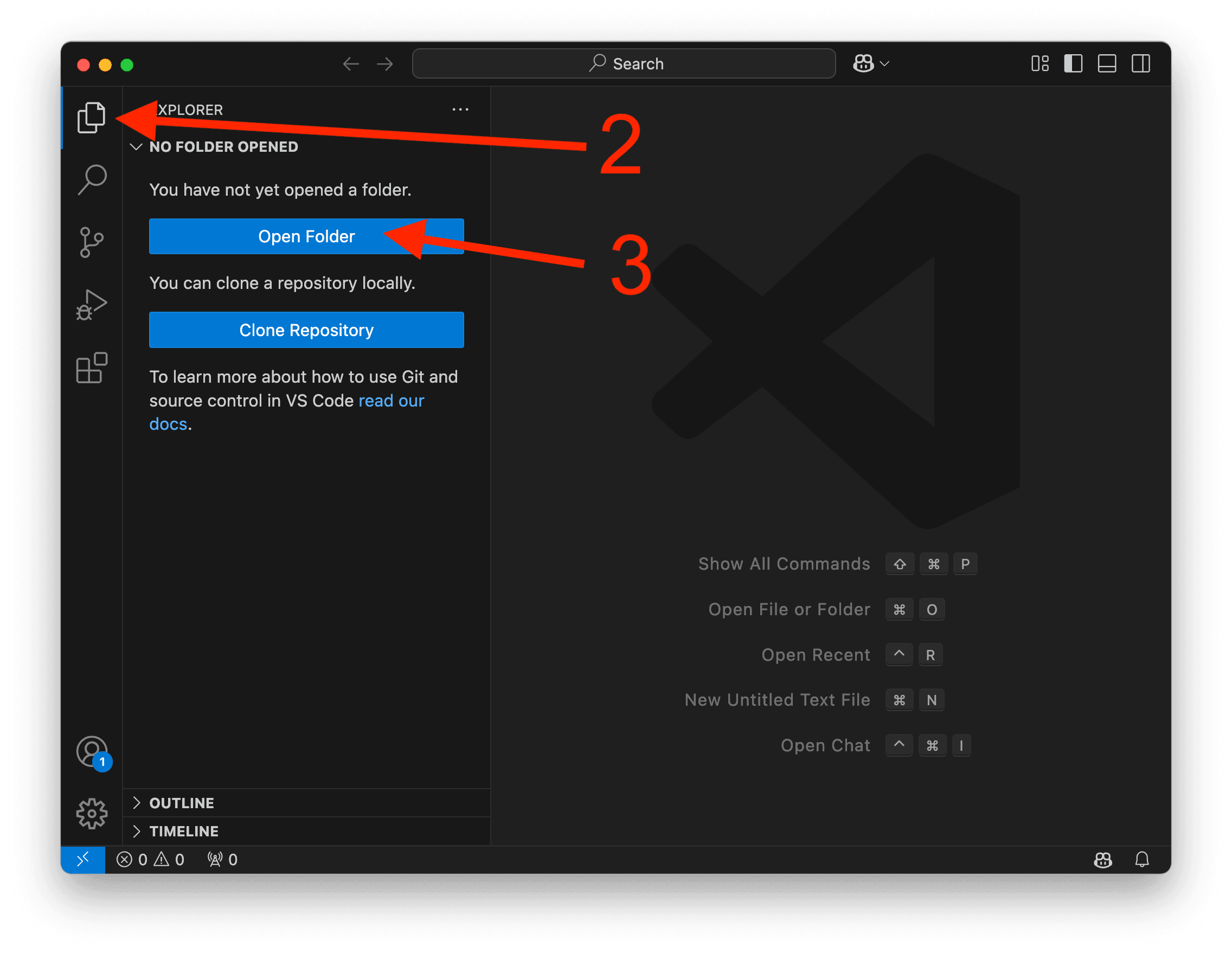 A screenshot showing how to open a new folder in VS Code.
