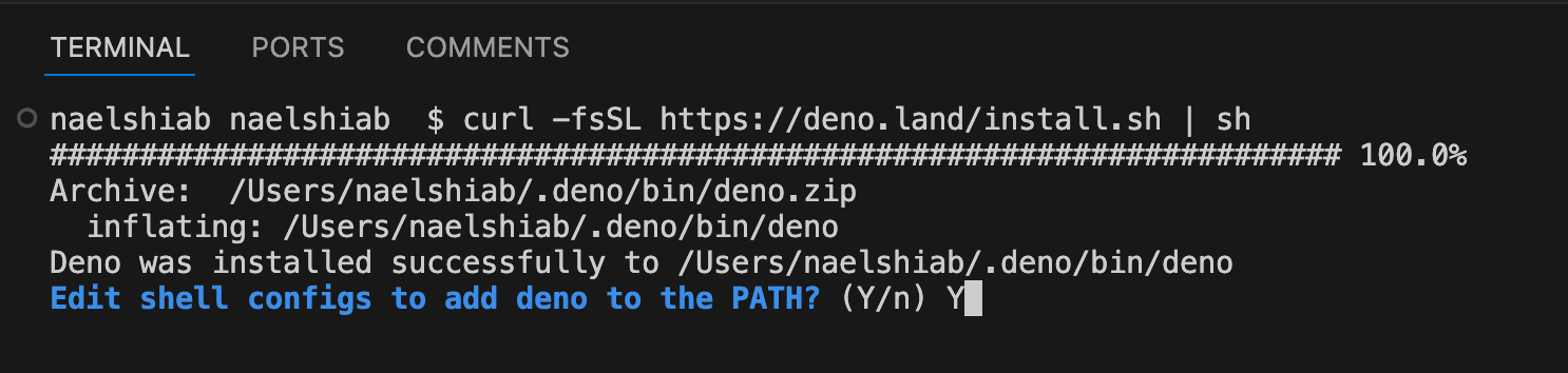 A screenshot showing an option when installing Deno.