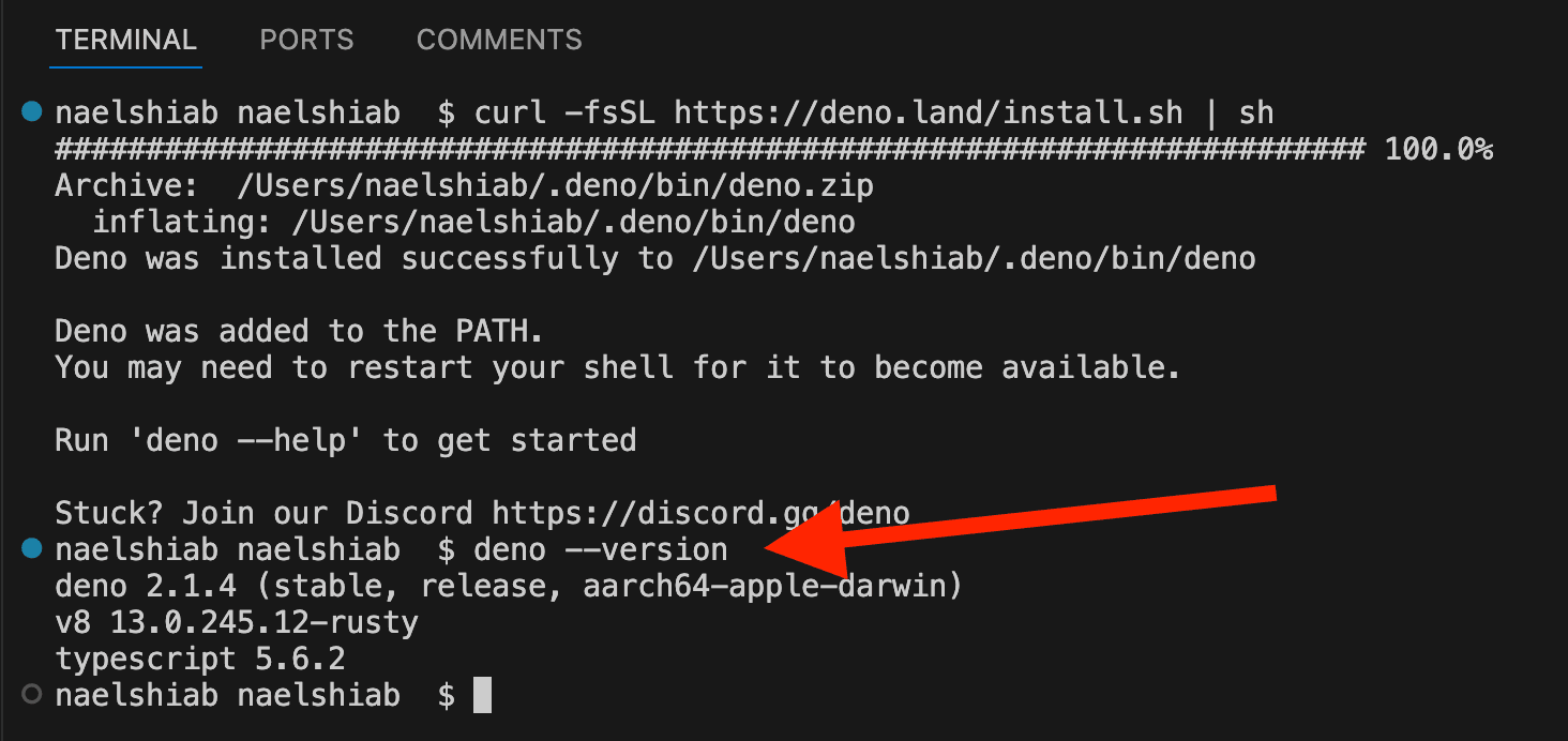 A screenshot showing how to display Deno version.