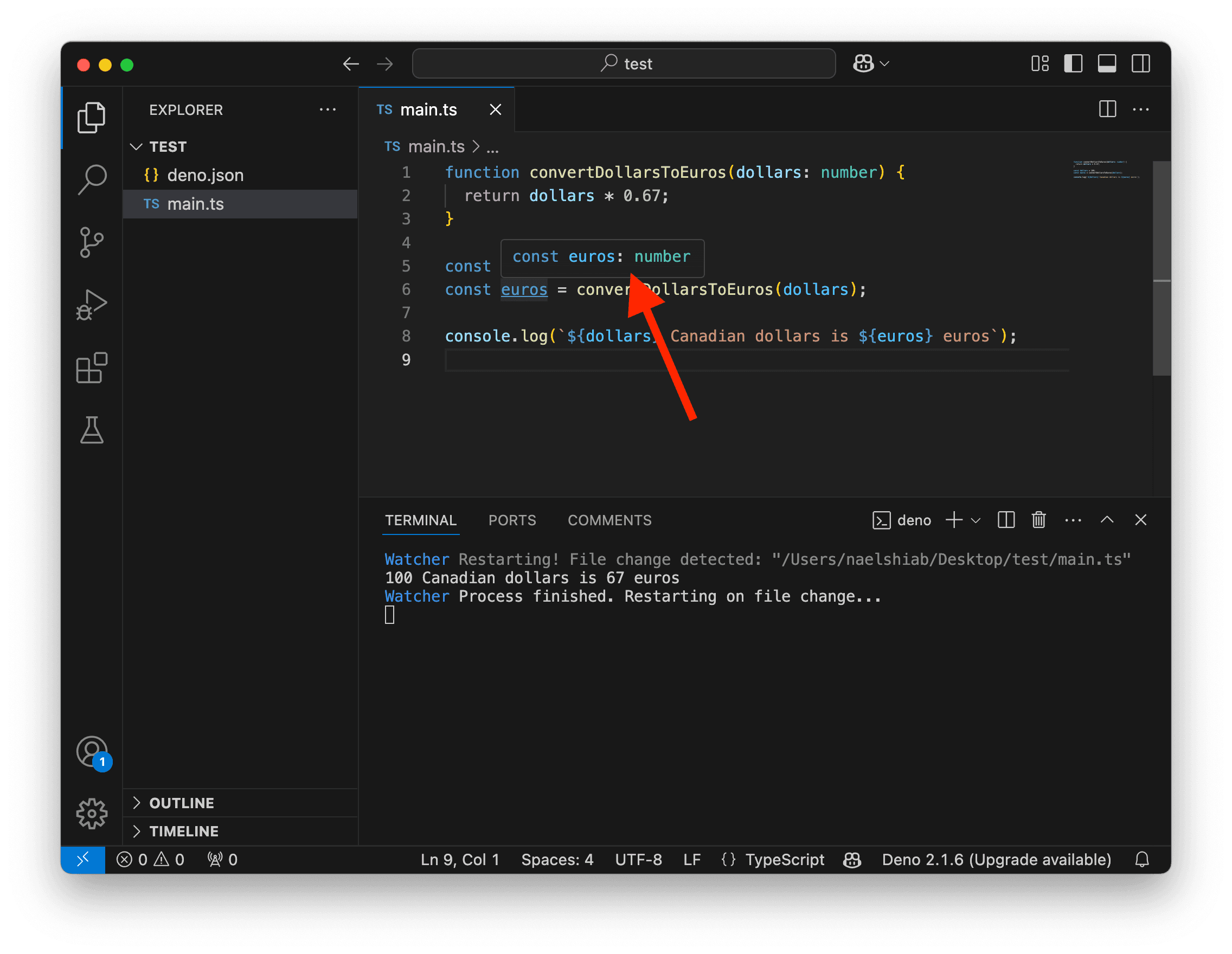 A screenshot showing VS Code showing the type of a variable.