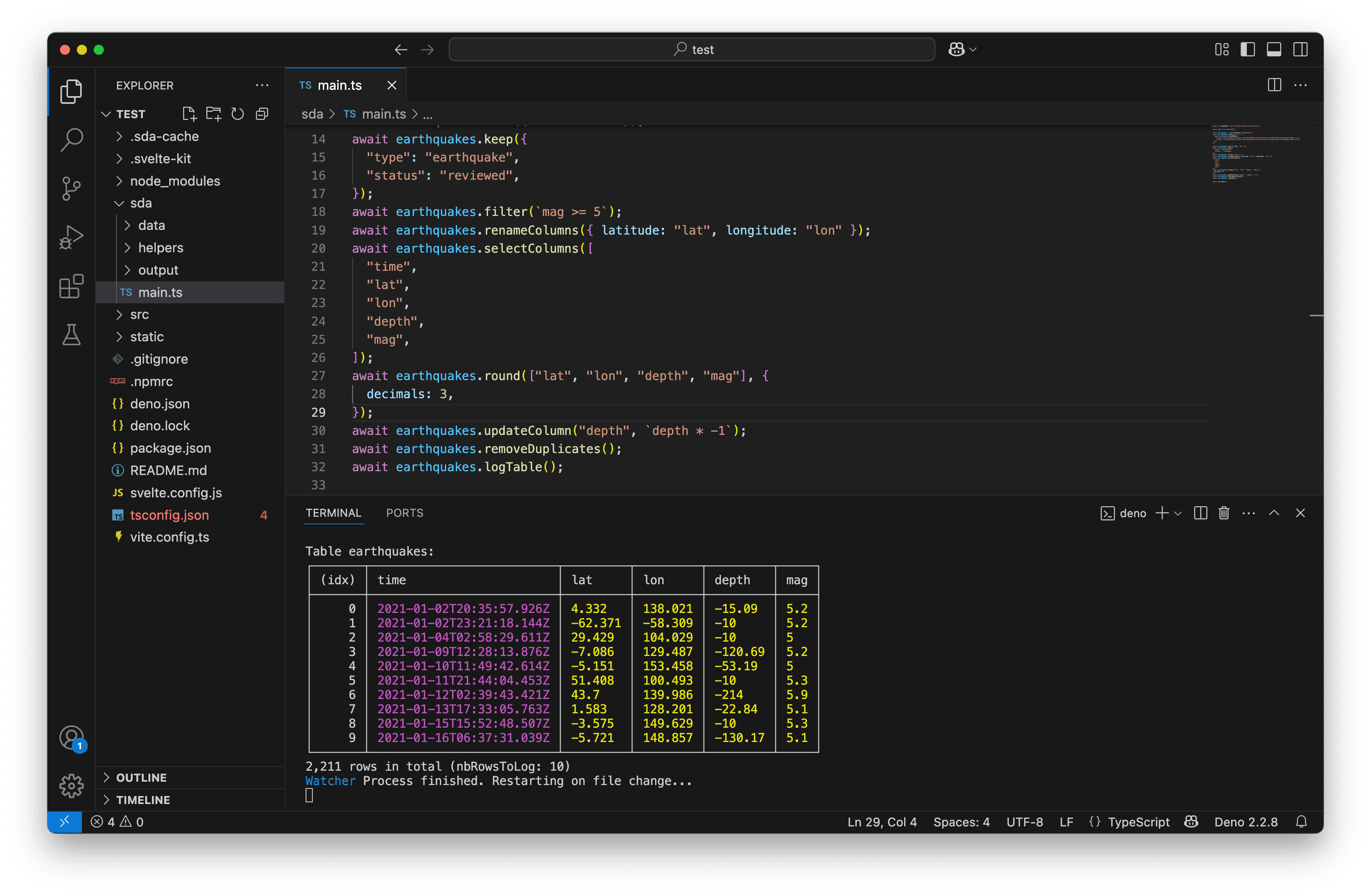 The cleaned earthquake data in VS Code terminal.