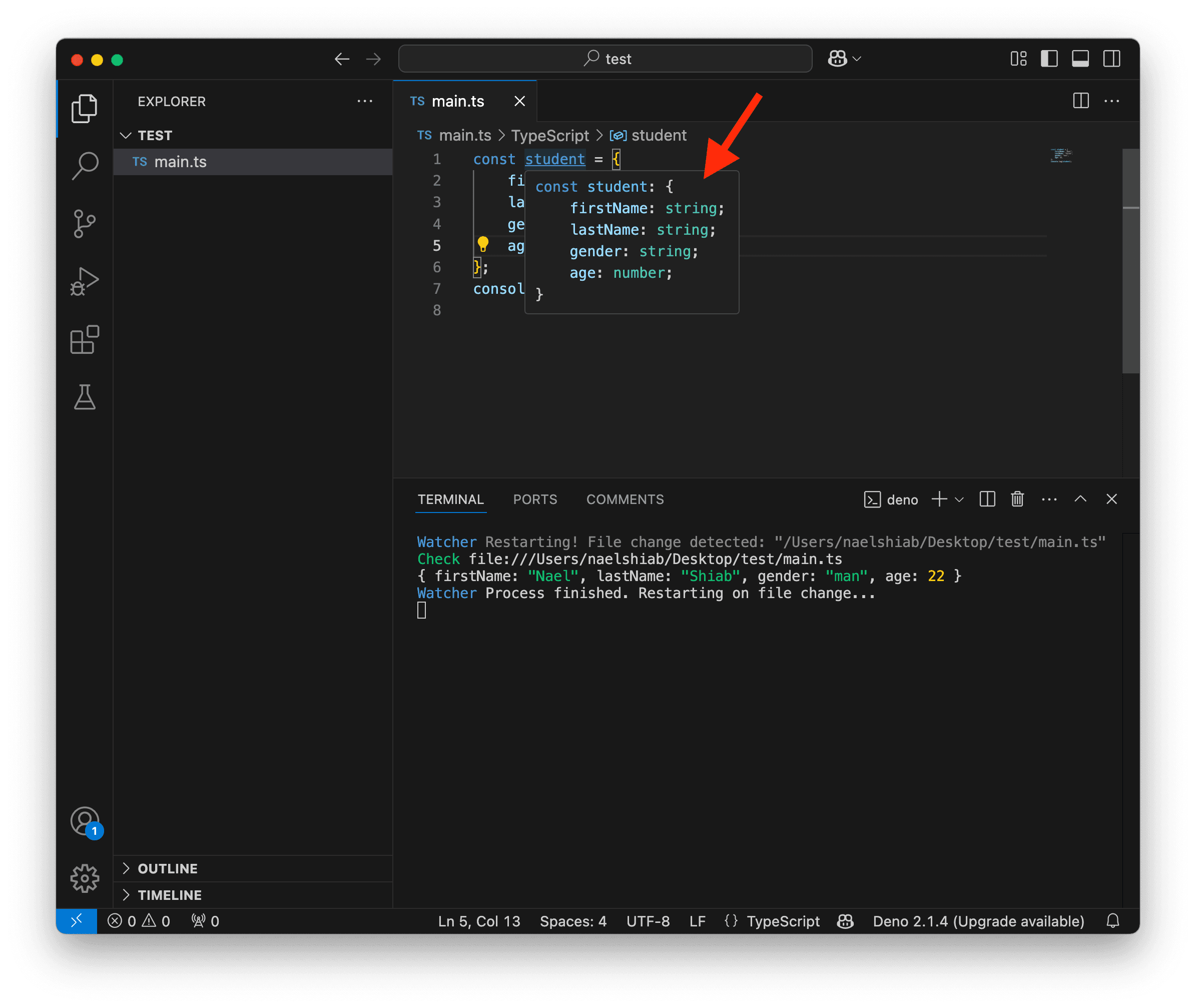 A screenshot showing VS Code with a pop-up displaying an object type.