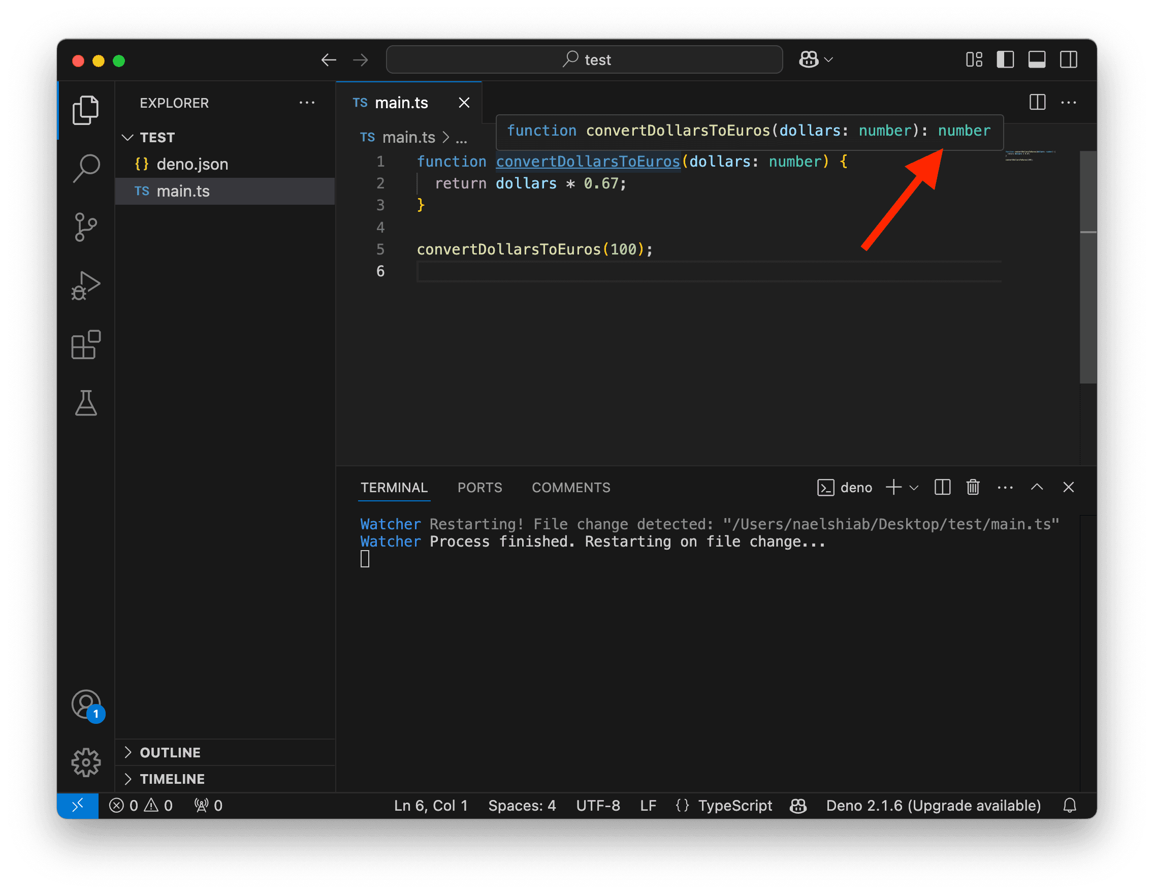 A screenshot showing VS Code showing a function returning a number.
