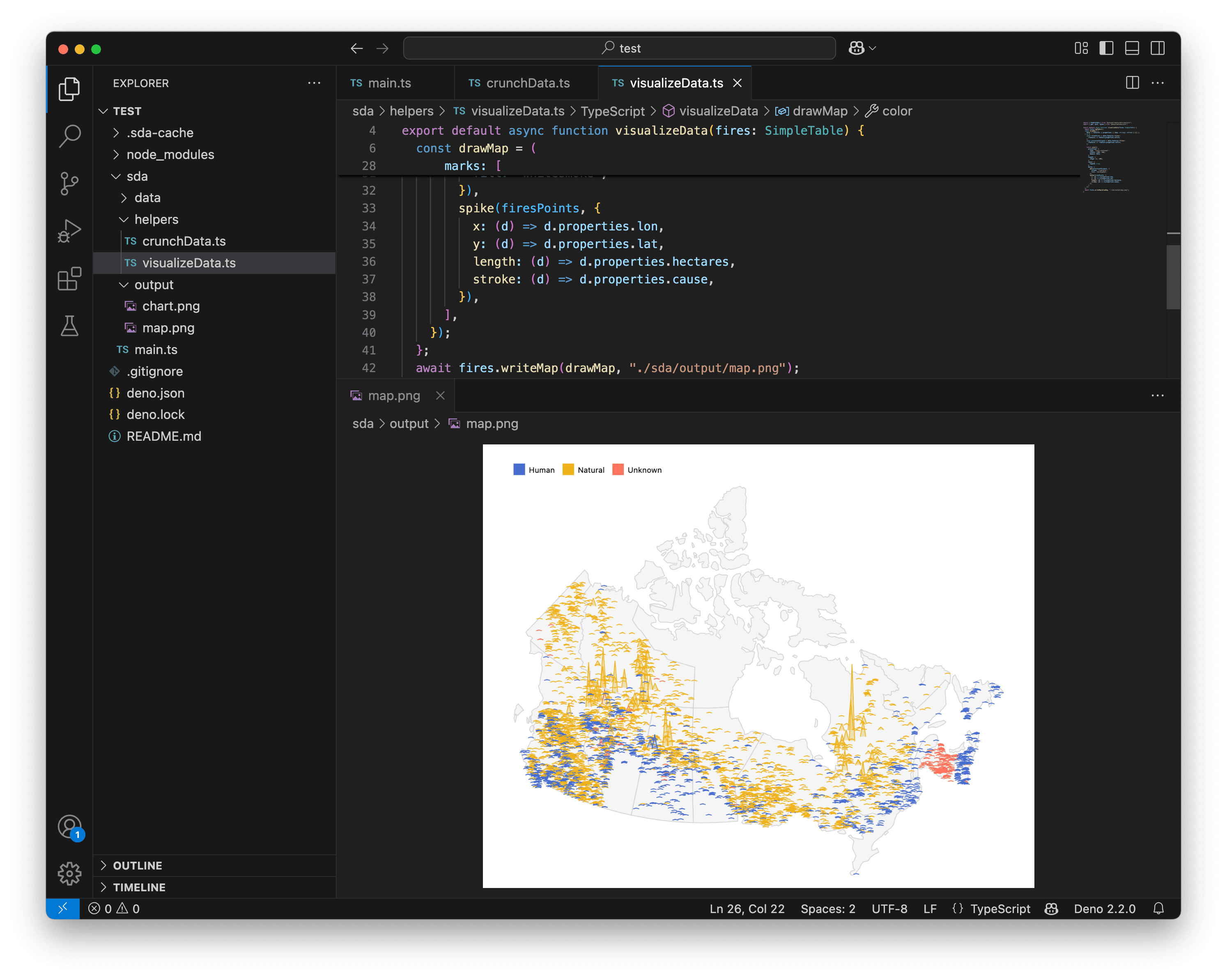 VS Code showing a colored spike map.