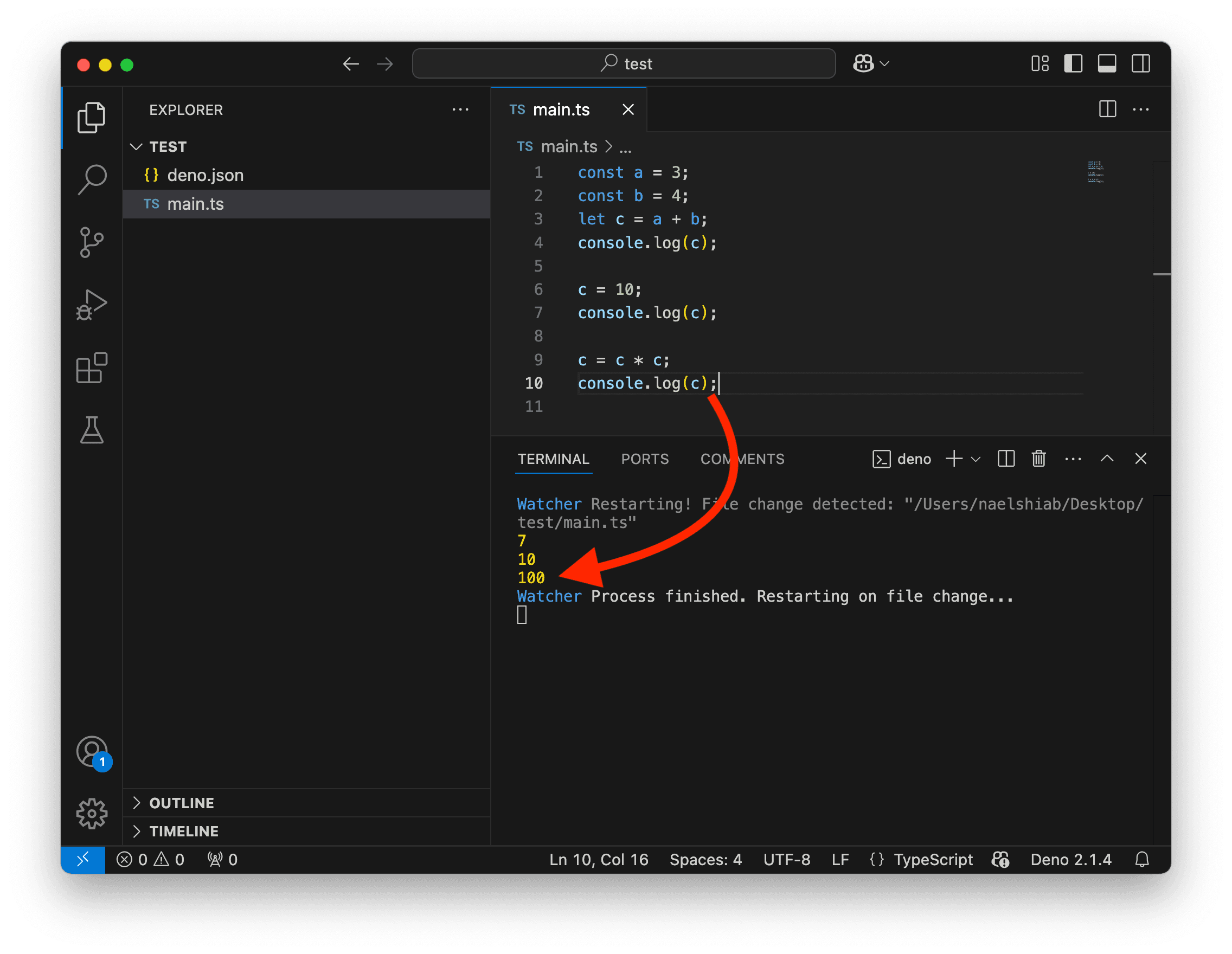 A screenshot showing a squared result in the terminal.