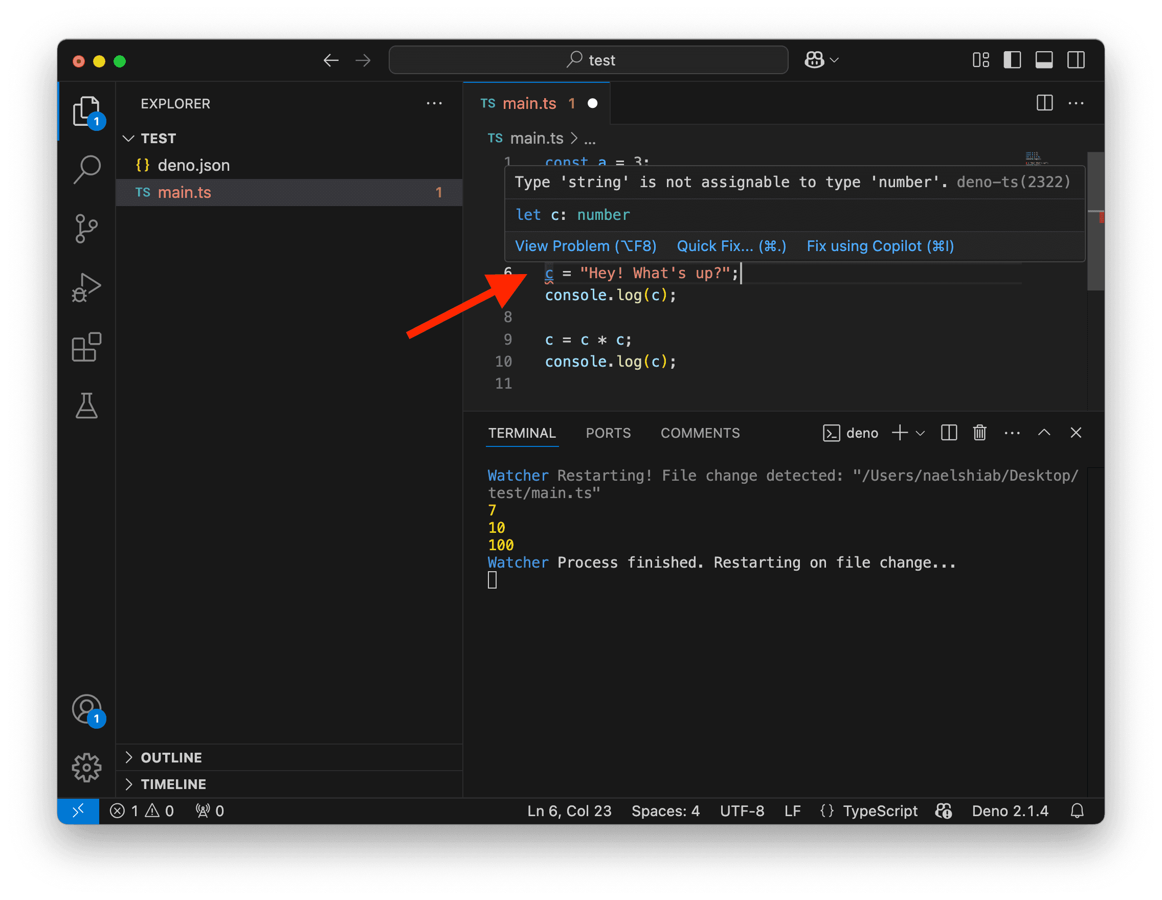 A screenshot showing a type error in VS Code when hovering.