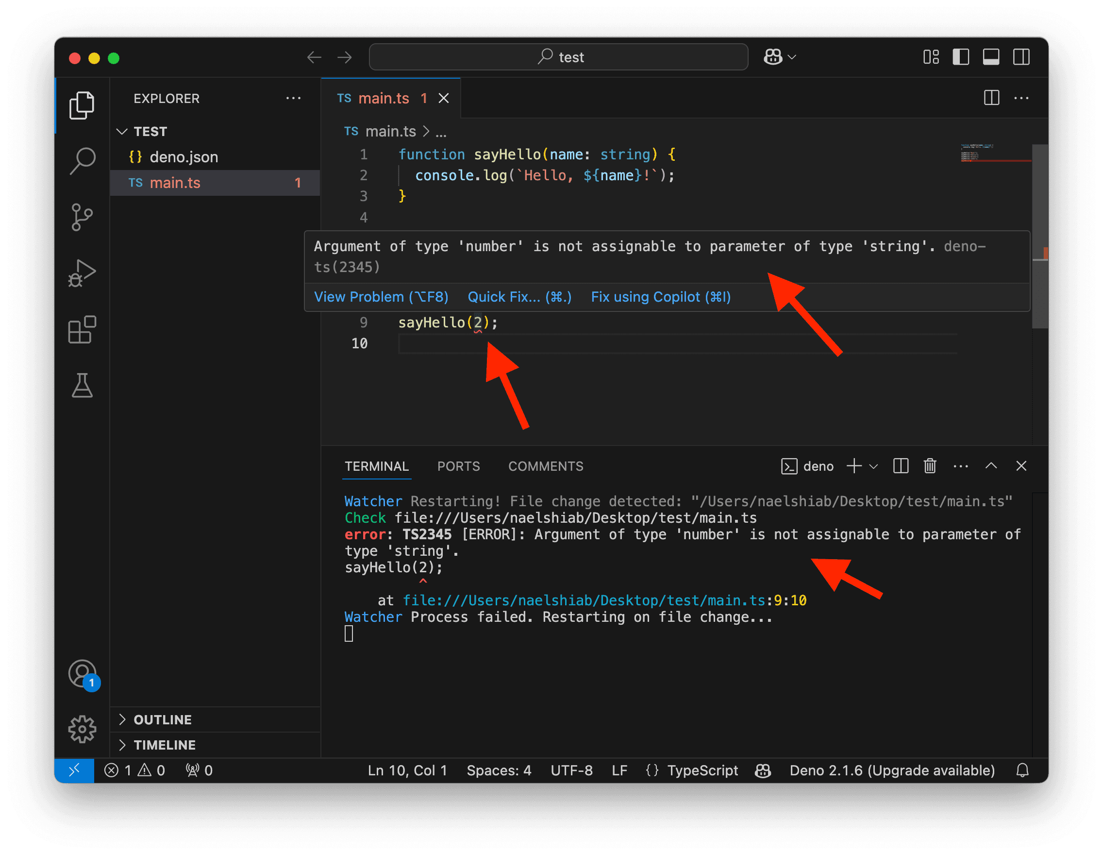 A screenshot showing VS Code showing a type error.