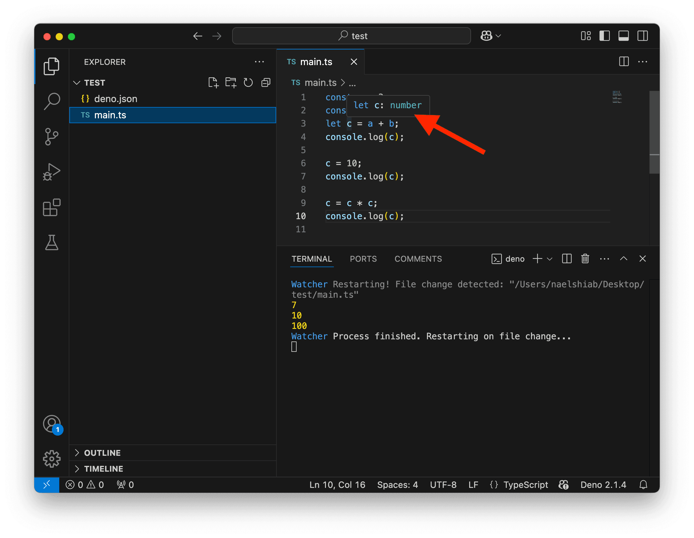 A screenshot showing a variable of type number in VS Code.