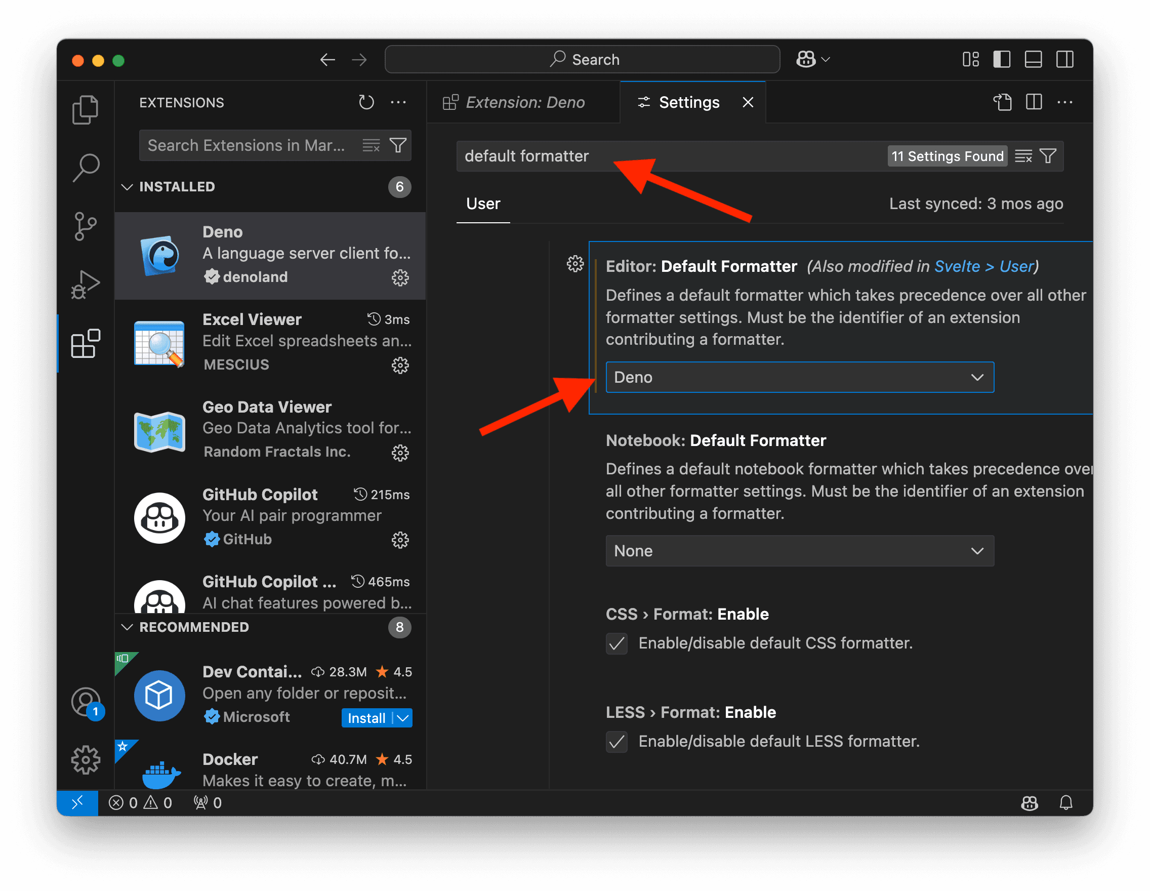 A screenshot showing VS Code formatter settings.