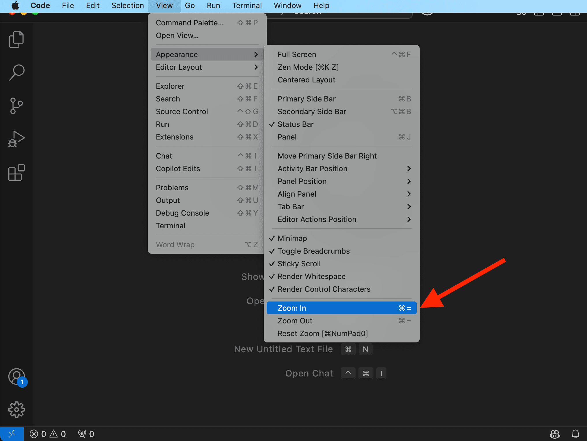 A screenshot of the View menu in VS Code.
